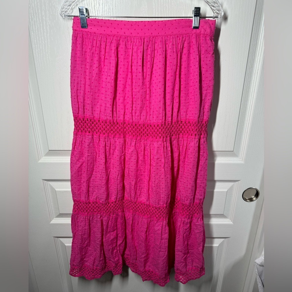 St Johns Bay Hot Pink Swiss Dot Crochet Lace Tiered Maxi Skirt Womens Medium